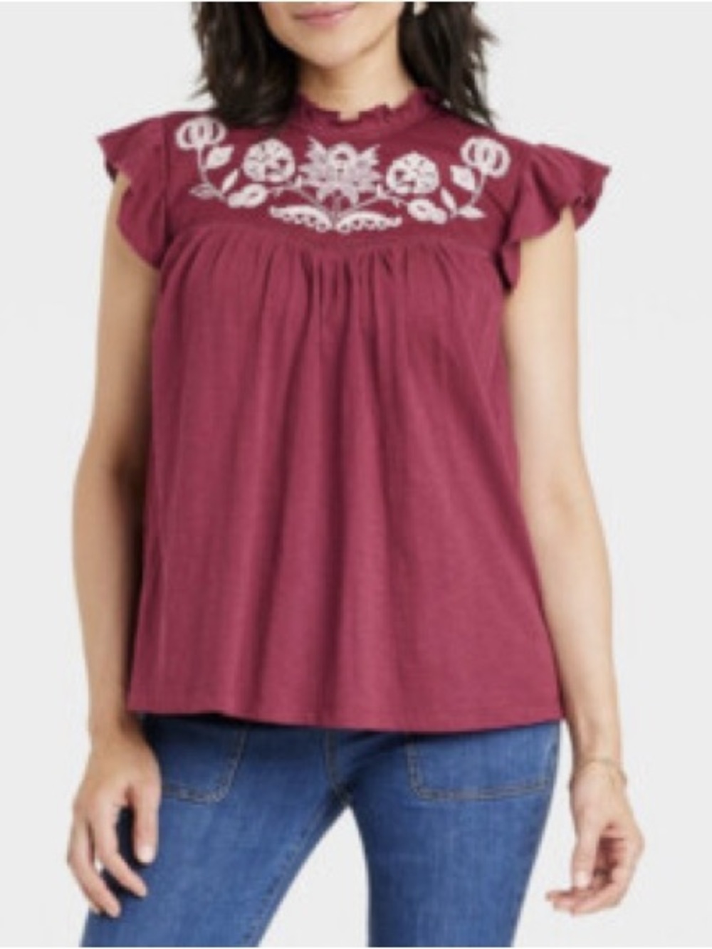 Knox Rose Blouse Floral Embroidery Red Burgundy and Cream size Medium - Picture 10 of 11